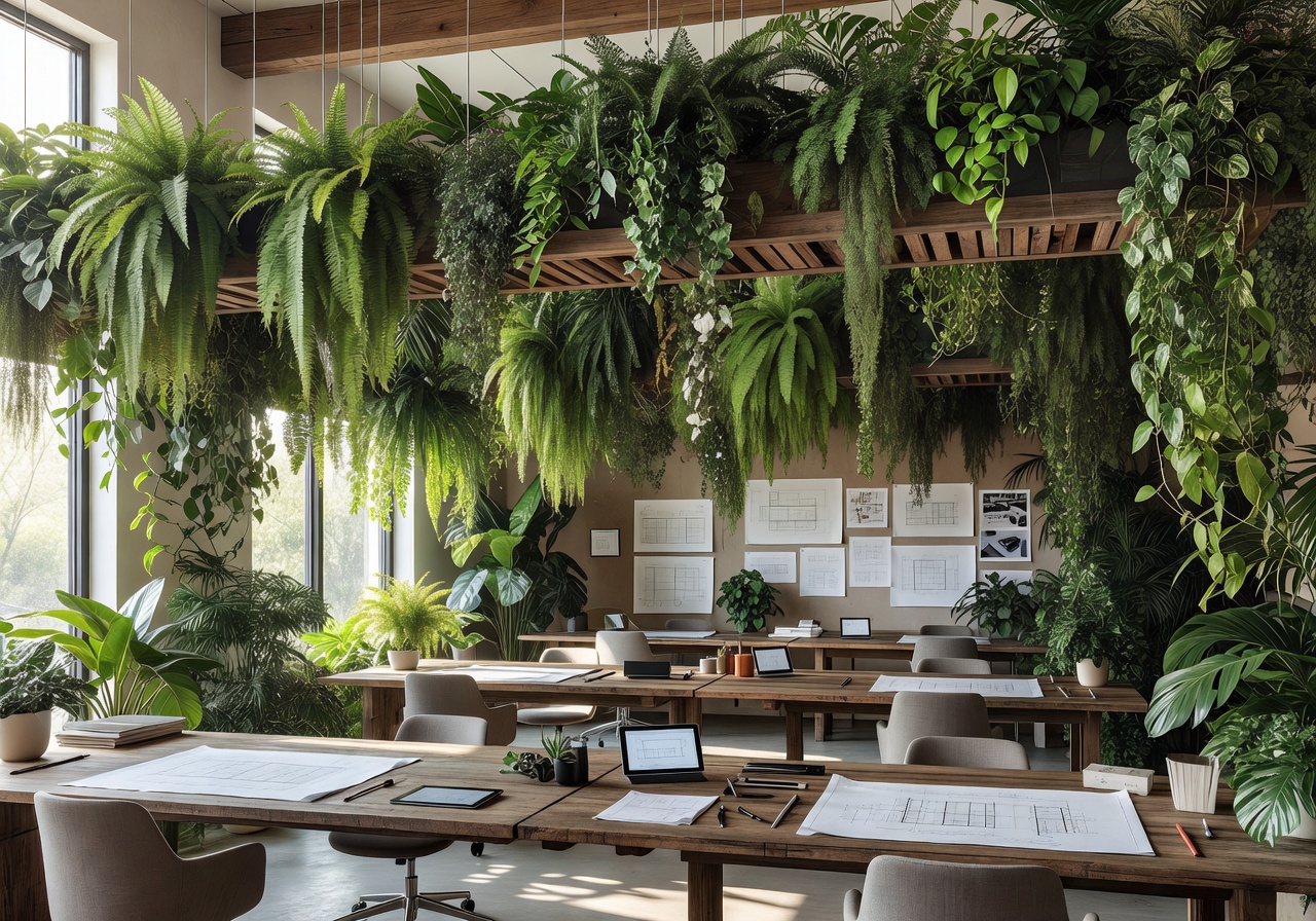 Architectural studio interior layered with hanging greenery