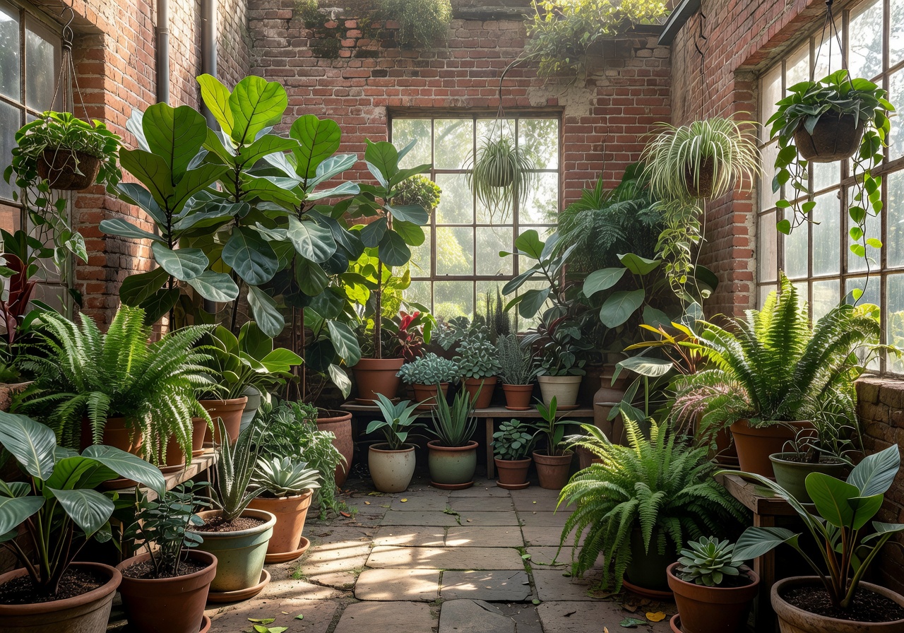 Botanical studio courtyard filled with potted plants