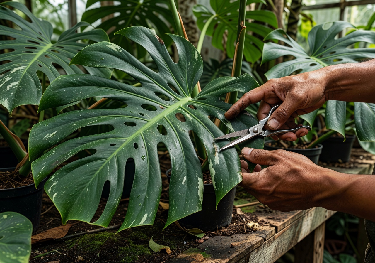 Botanist hands tending to a rare Monstera leaf