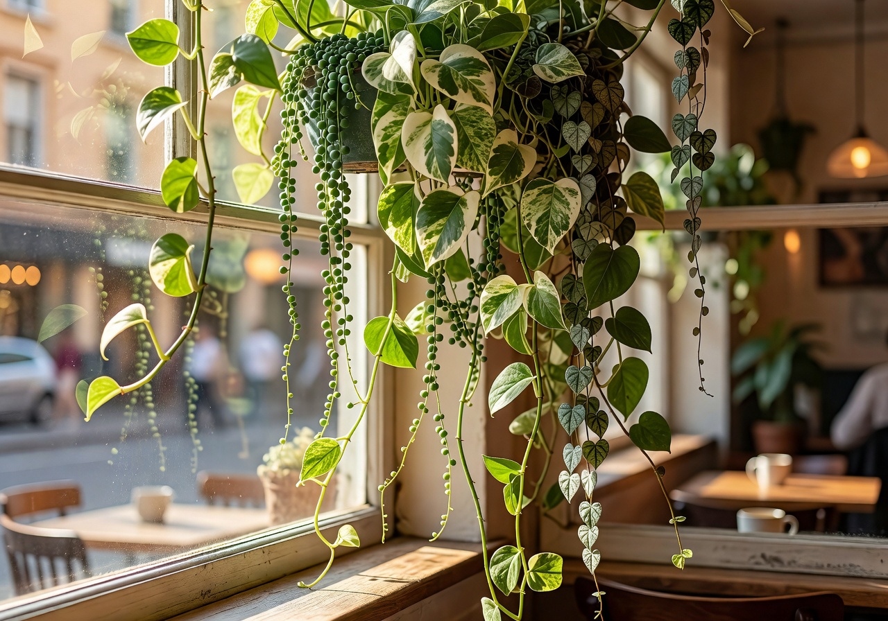 Cluster of trailing plants in a sunlit café window