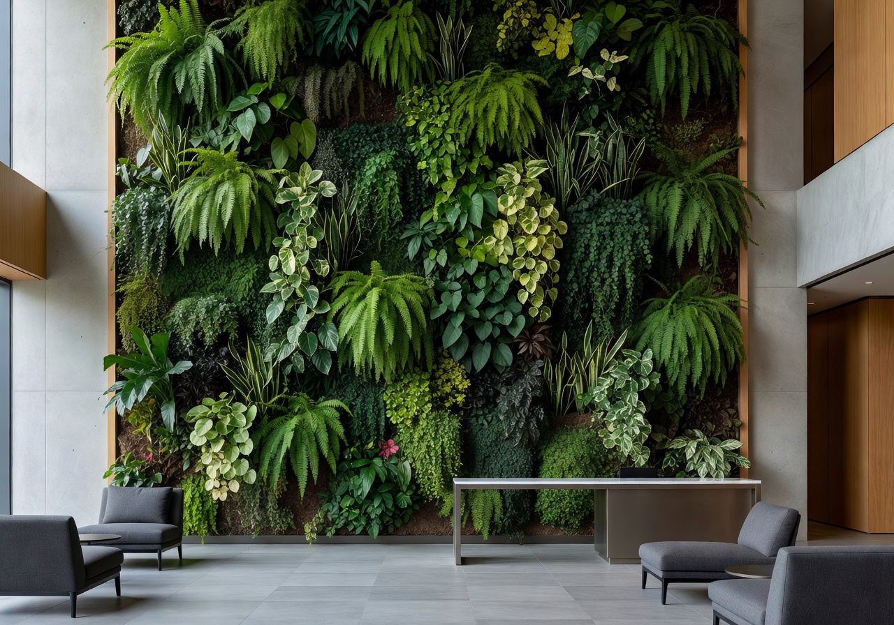 Living green wall installation in modern hotel lobby