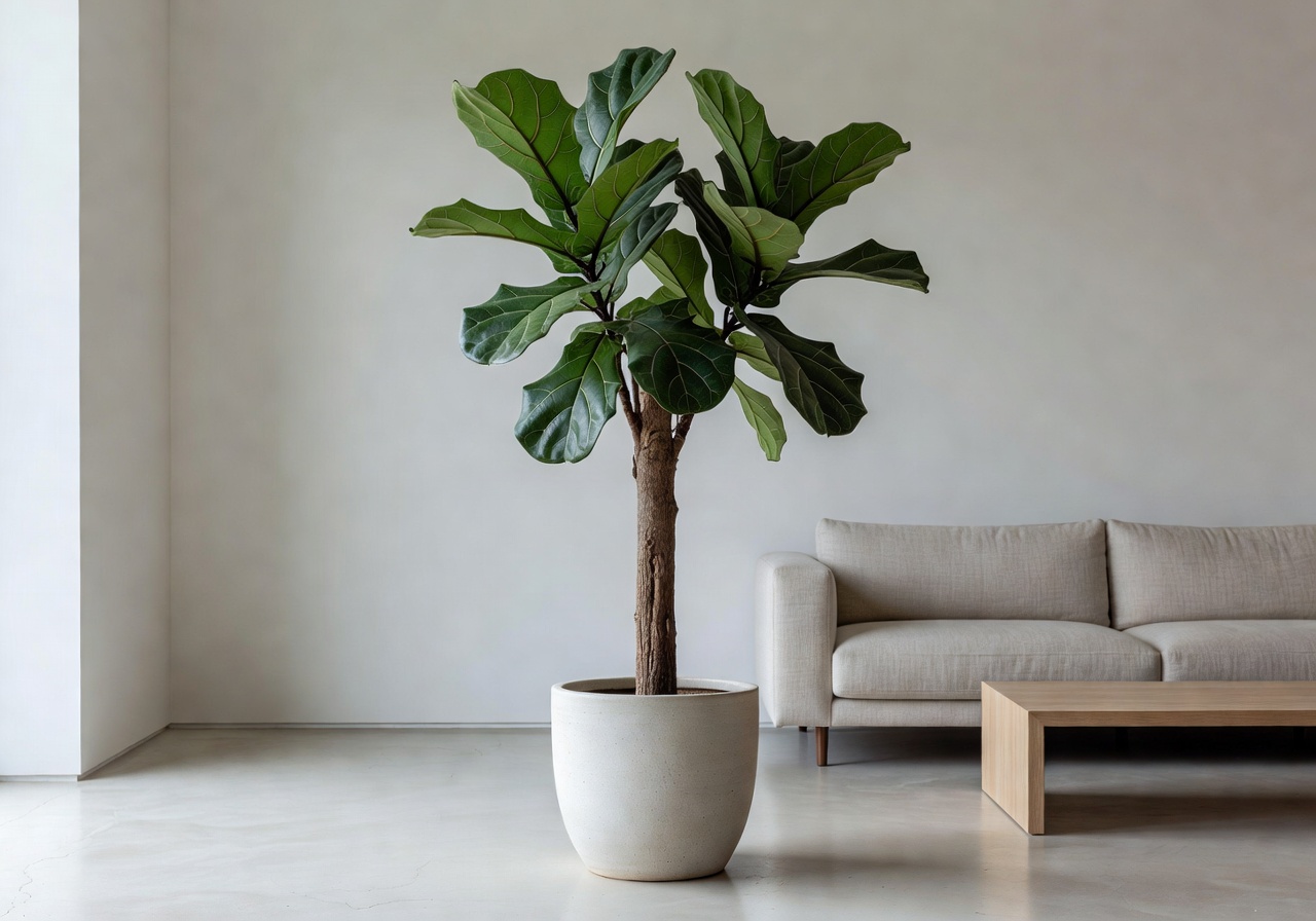 Sculptural fiddle leaf fig in minimalist living room
