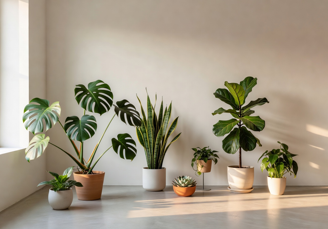 Sunlit minimal interior with sculptural indoor plants