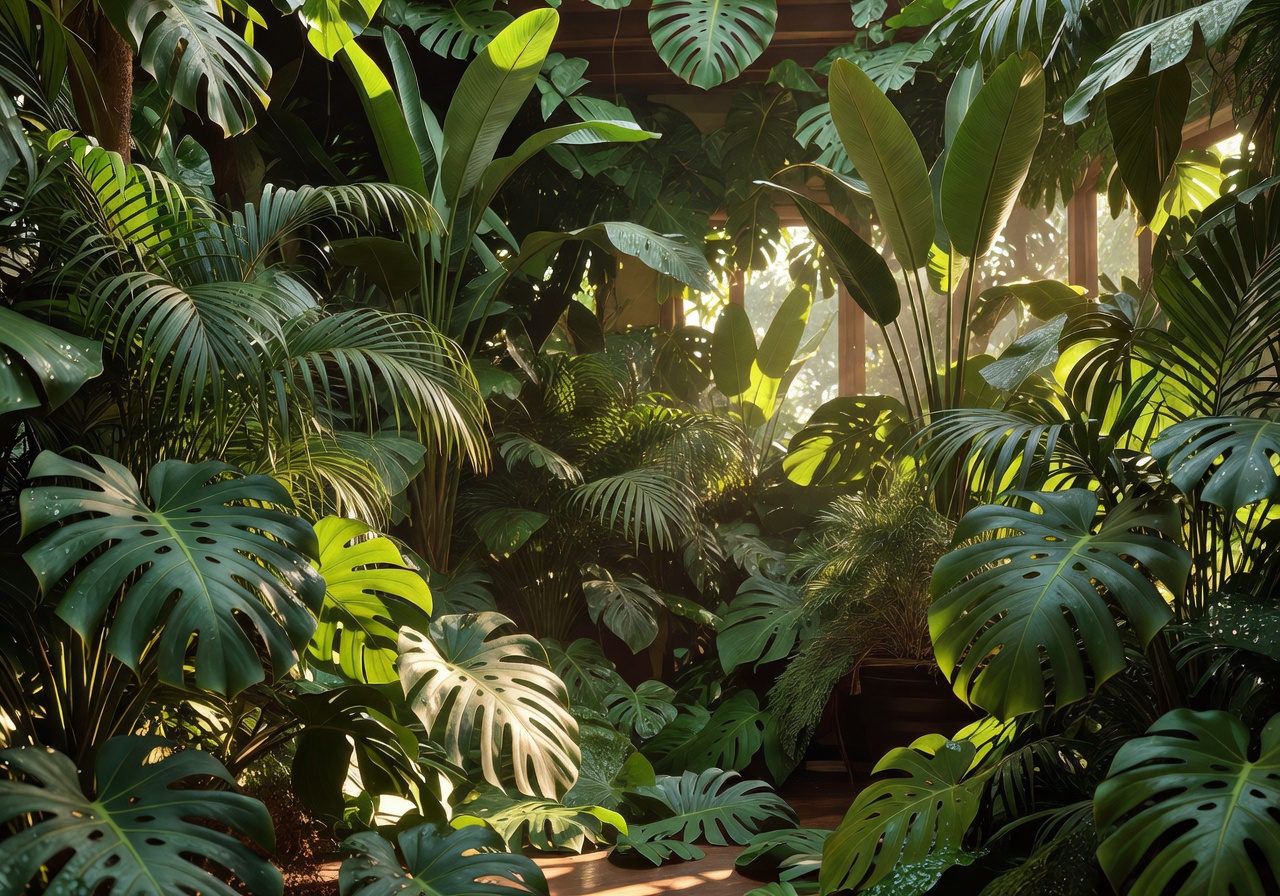 Tropical green leaves filling sunlit interior space